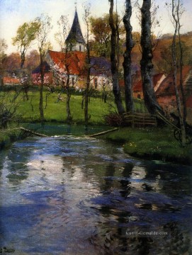  Frits Maler - Die alte Kirche durch den Fluss Impressionismus norwegische Landschaft Frits Thaulow